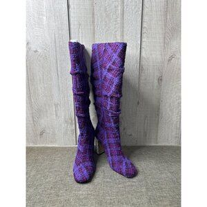 Betsey Johnson Womens 6.5 Purple Tweed Plaid Knee High Boots w/ Rhinestone Heels